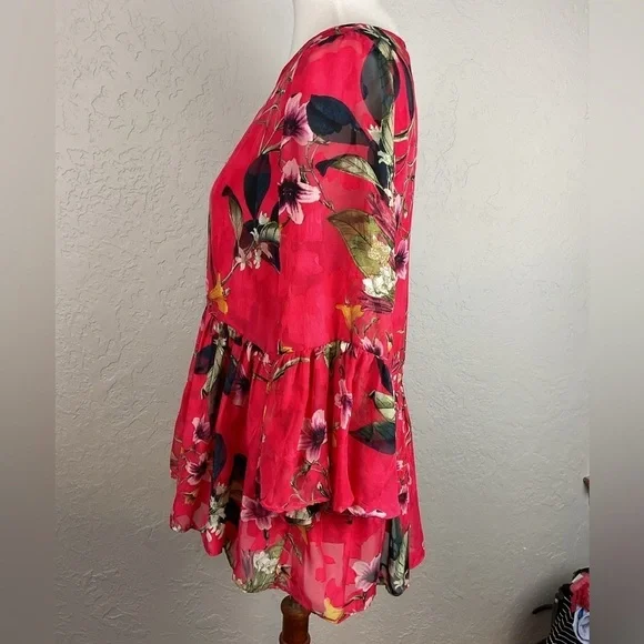 Women’s Cupid Hot Pink Bell Sleeve Babydoll Floral Top Size Medium - Picture 6 of 10